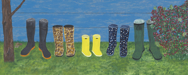Original acrylic painting of a row of colourful family boots lined up outside, symbolizing generations of Newfoundland life, work, and outdoor adventure.