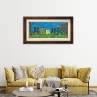 Print of the original acrylic painting of a row of colourful family boots lined up outside, symbolizing generations of Newfoundland life, work, and outdoor adventure.