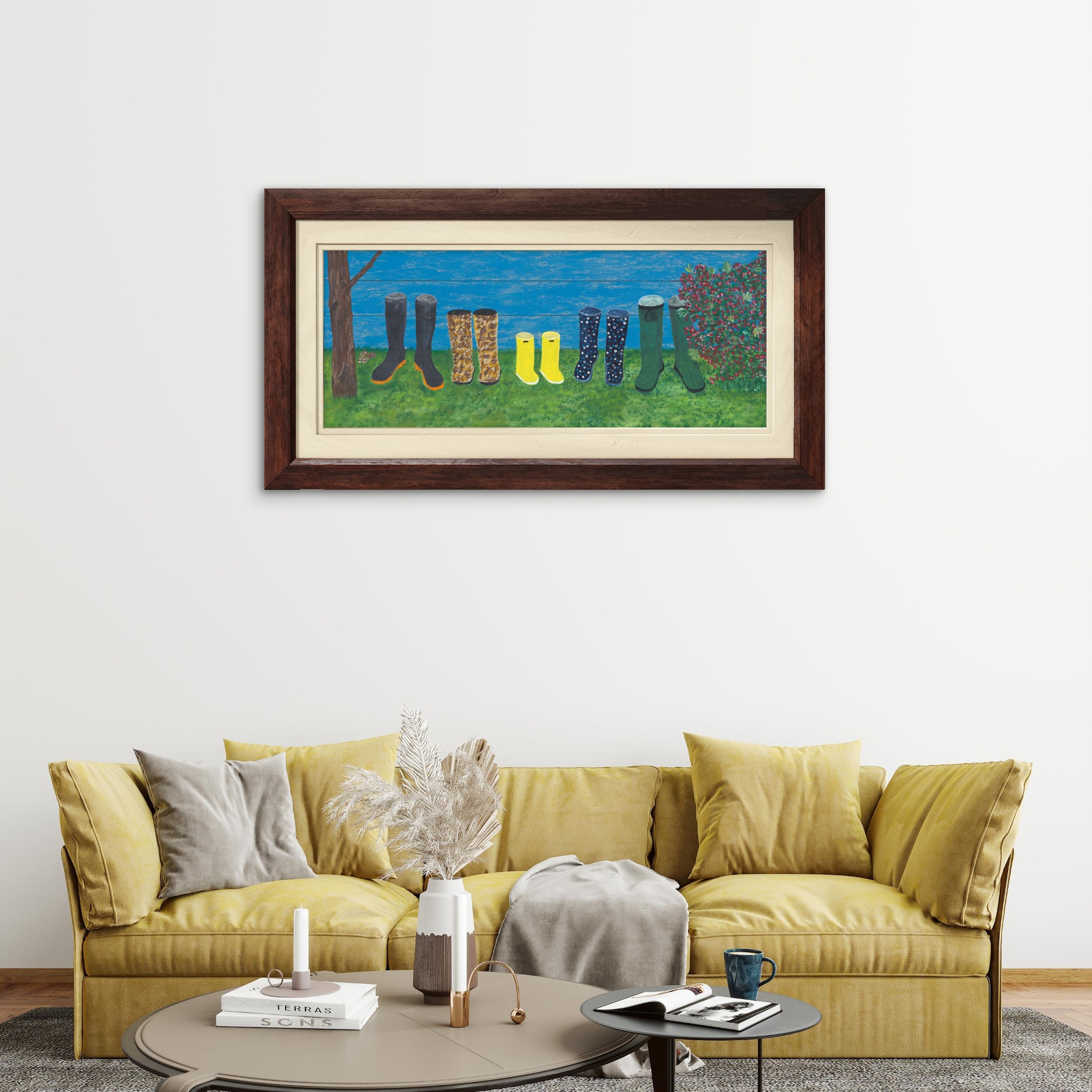 Print of the original acrylic painting of a row of colourful family boots lined up outside, symbolizing generations of Newfoundland life, work, and outdoor adventure.