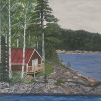Original acrylic painting of a red cabin beside a peaceful pond surrounded by nature, inspired by the tranquil beauty of Newfoundland.
