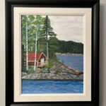 Original acrylic painting of a red cabin beside a peaceful pond surrounded by nature, inspired by the tranquil beauty of Newfoundland.