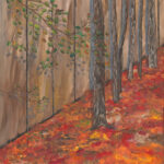 Original acrylic painting of colourful autumn leaves gathered along a rustic wooden fence, celebrating the rich colours of a Newfoundland fall landscape.