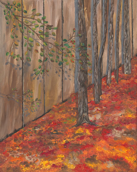 Original acrylic painting of colourful autumn leaves gathered along a rustic wooden fence, celebrating the rich colours of a Newfoundland fall landscape.