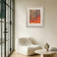 Print of original acrylic painting of colourful autumn leaves gathered along a rustic wooden fence, celebrating the rich colours of a Newfoundland fall landscape.