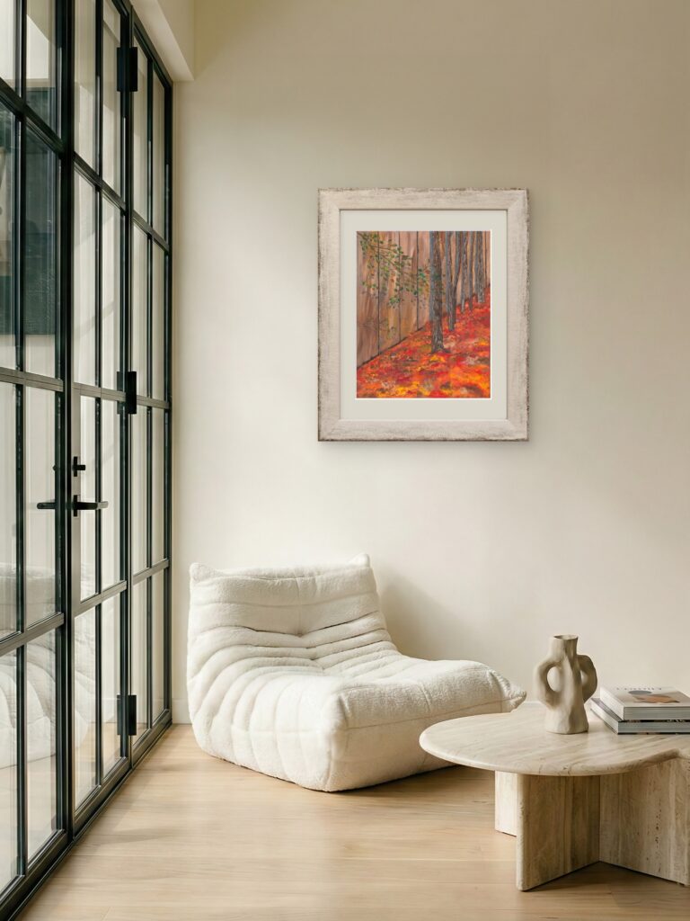 Print of original acrylic painting of colourful autumn leaves gathered along a rustic wooden fence, celebrating the rich colours of a Newfoundland fall landscape.