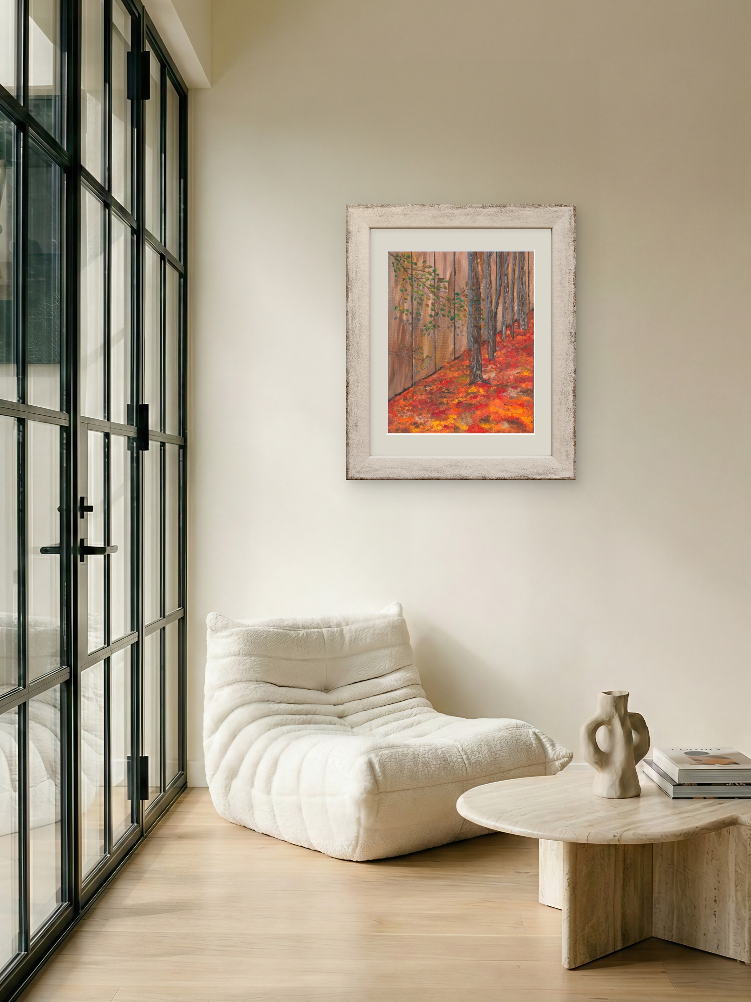 Print of original acrylic painting of colourful autumn leaves gathered along a rustic wooden fence, celebrating the rich colours of a Newfoundland fall landscape.
