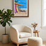 Print of an original acrylic painting of a beach buggy and surfboards on a sandy beach, celebrating coastal recreation beneath a bright blue sky.