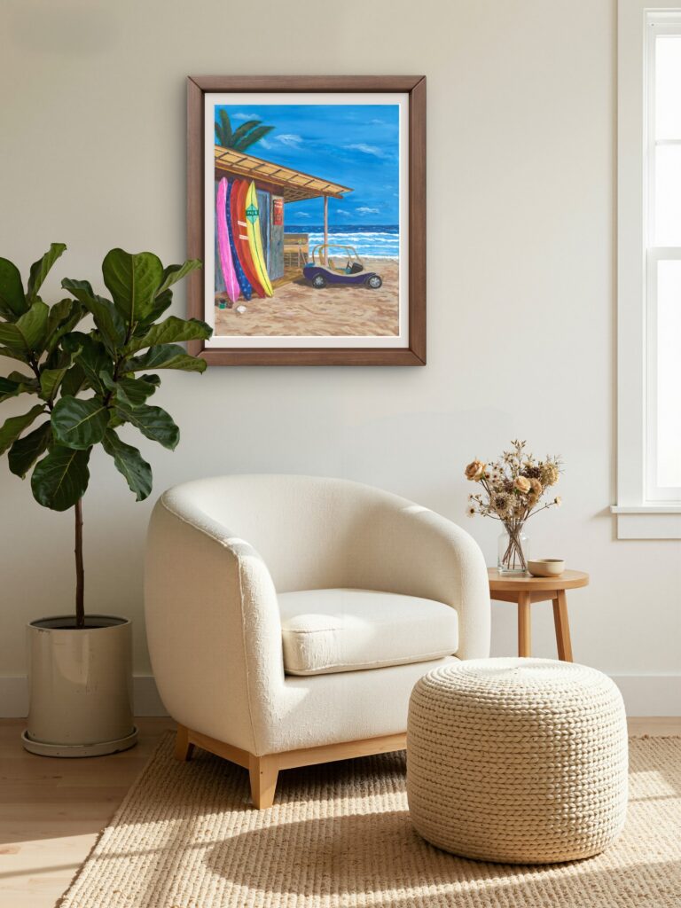 Print of an original acrylic painting of a beach buggy and surfboards on a sandy beach, celebrating coastal recreation beneath a bright blue sky.