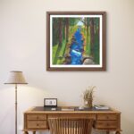 Print of an original acrylic painting of a winding forest stream flowing through lush evergreen trees, capturing the peaceful beauty of Newfoundland's natural landscape.