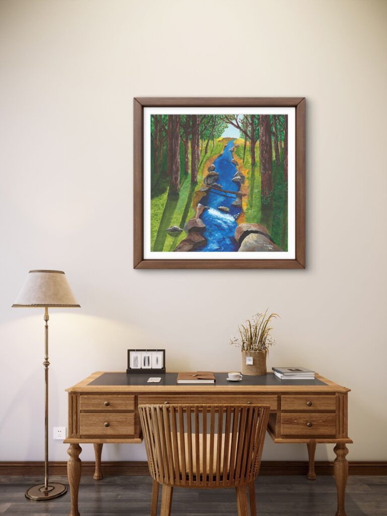 Print of an original acrylic painting of a winding forest stream flowing through lush evergreen trees, capturing the peaceful beauty of Newfoundland's natural landscape.