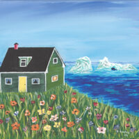 Original acrylic painting of a green Newfoundland home overlooking icebergs in the bay, surrounded by colourful wildflowers beneath a bright blue sky.