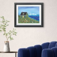 Print of an original acrylic painting of a green Newfoundland home overlooking icebergs in the bay, surrounded by colourful wildflowers beneath a bright blue sky.
