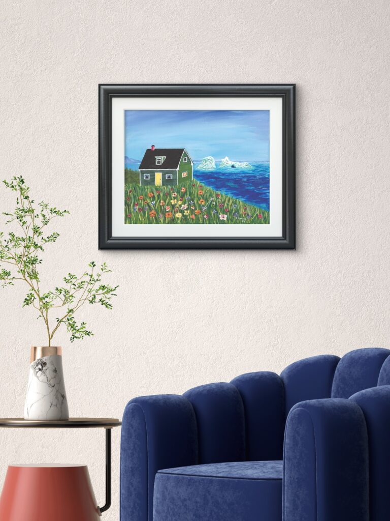 Print of an original acrylic painting of a green Newfoundland home overlooking icebergs in the bay, surrounded by colourful wildflowers beneath a bright blue sky.