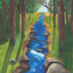 Original acrylic painting of a winding forest stream flowing through lush evergreen trees, capturing the peaceful beauty of Newfoundland's natural landscape.