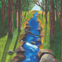 Original acrylic painting of a winding forest stream flowing through lush evergreen trees, capturing the peaceful beauty of Newfoundland's natural landscape.