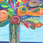 Original acrylic painting of a colourful bouquet of abstract flowers arranged in a decorative vase, featuring bold colours and expressive brushwork.