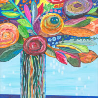Original acrylic painting of a colourful bouquet of abstract flowers arranged in a decorative vase, featuring bold colours and expressive brushwork.