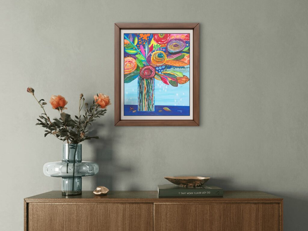 Original acrylic painting of a colourful bouquet of abstract flowers arranged in a decorative vase, featuring bold colours and expressive brushwork.