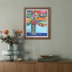 Original acrylic painting of a colourful bouquet of abstract flowers arranged in a decorative vase, featuring bold colours and expressive brushwork.