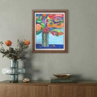 Original acrylic painting of a colourful bouquet of abstract flowers arranged in a decorative vase, featuring bold colours and expressive brushwork.