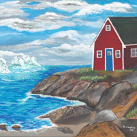 Original acrylic painting of a majestic iceberg drifting off the Newfoundland coastline beneath a bright blue sky, symbolizing the annual arrival of icebergs from the north.