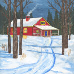 Original acrylic painting of a red cabin nestled among snow-covered evergreen trees in a peaceful Newfoundland winter landscape.