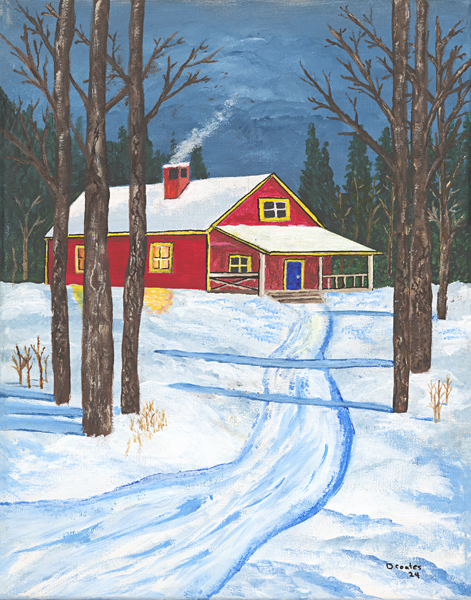 Original acrylic painting of a red cabin nestled among snow-covered evergreen trees in a peaceful Newfoundland winter landscape.