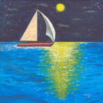 Original acrylic painting of a sailboat gliding across calm water beneath a brilliant full moon, creating a peaceful nighttime seascape.