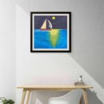 A print of an original acrylic painting of a sailboat gliding across calm water beneath a brilliant full moon, creating a peaceful nighttime seascape.
