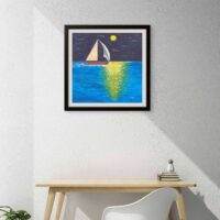 A print of an original acrylic painting of a sailboat gliding across calm water beneath a brilliant full moon, creating a peaceful nighttime seascape.