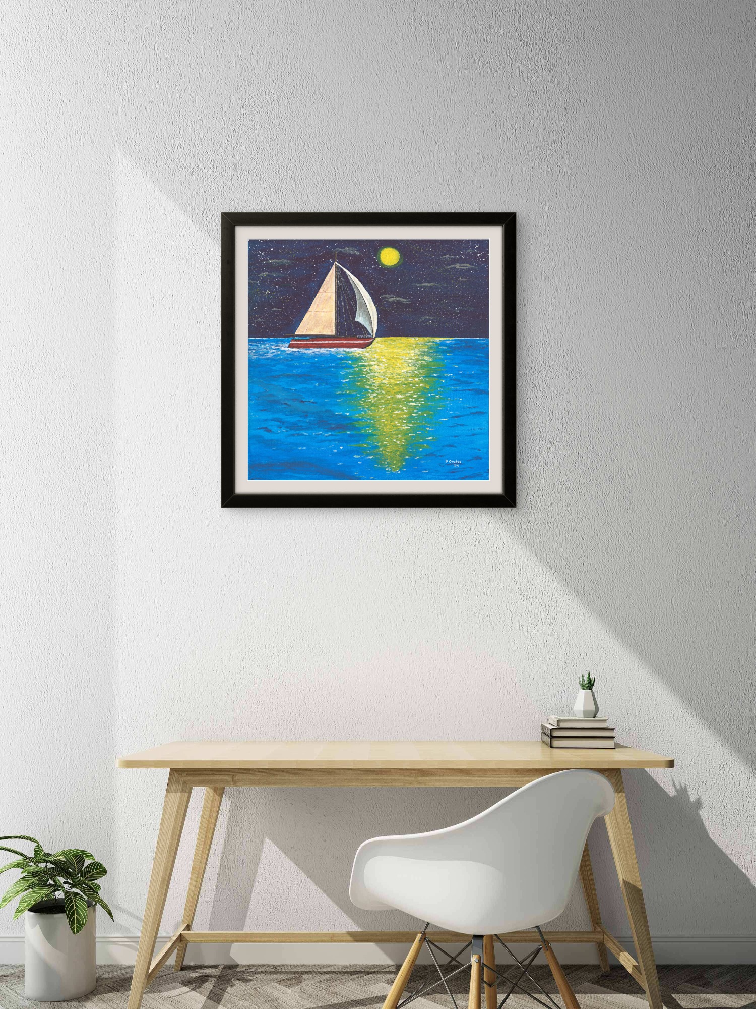 A print of an original acrylic painting of a sailboat gliding across calm water beneath a brilliant full moon, creating a peaceful nighttime seascape.