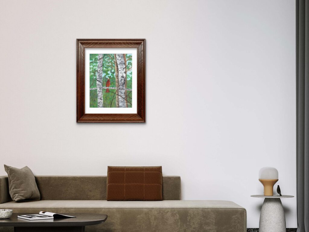 Print of an original acrylic painting of a bright red cardinal perched among white birch trees, celebrating hope, resilience, and the beauty of nature.