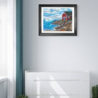 Print of an original acrylic painting of a majestic iceberg drifting off the Newfoundland coastline beneath a bright blue sky, symbolizing the annual arrival of icebergs from the north.