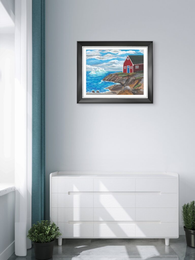 Print of an original acrylic painting of a majestic iceberg drifting off the Newfoundland coastline beneath a bright blue sky, symbolizing the annual arrival of icebergs from the north.
