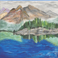Original acrylic painting of rugged coastal rocks meeting calm blue water, inspired by the dramatic shoreline of Newfoundland and Labrador.