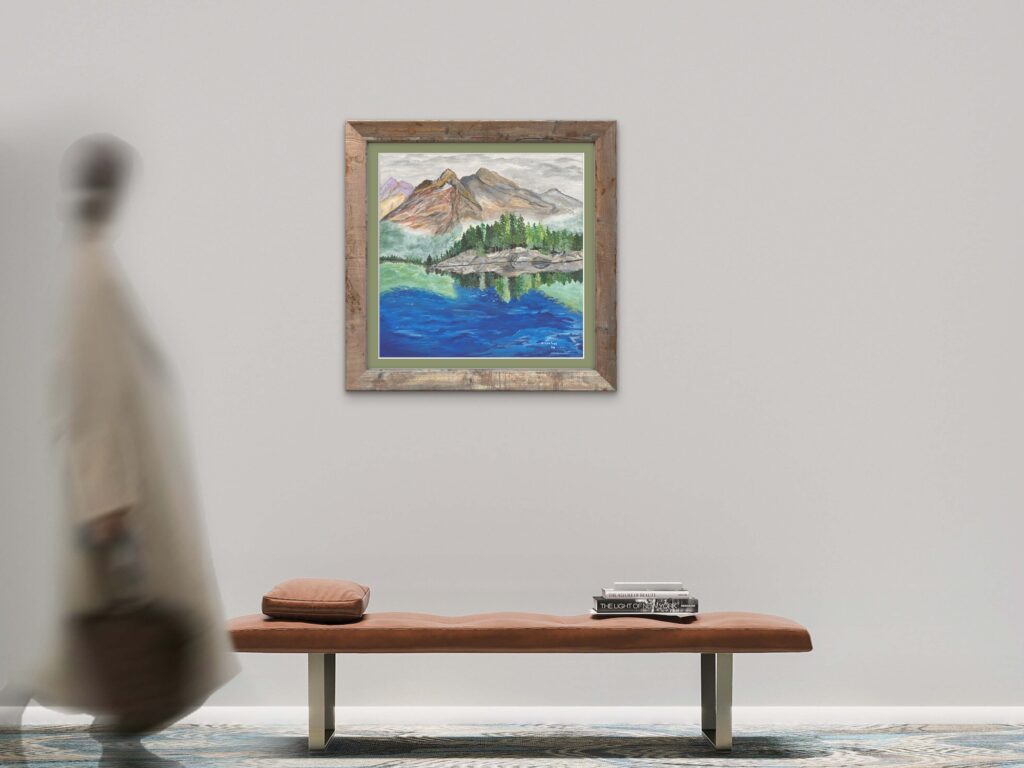 Print of an original acrylic painting of rugged coastal rocks meeting calm blue water, inspired by the dramatic shoreline of Newfoundland and Labrador.