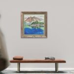 Print of an original acrylic painting of rugged coastal rocks meeting calm blue water, inspired by the dramatic shoreline of Newfoundland and Labrador.