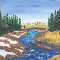 Original acrylic painting of a partially thawed river flowing through a Newfoundland landscape as winter gives way to the arrival of spring.