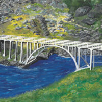 Original acrylic painting of a historic bridge spanning the water between two Newfoundland islands, preserving a cherished piece of the province's coastal heritage.