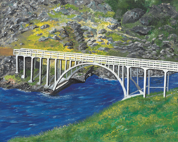 Original acrylic painting of a historic bridge spanning the water between two Newfoundland islands, preserving a cherished piece of the province's coastal heritage.