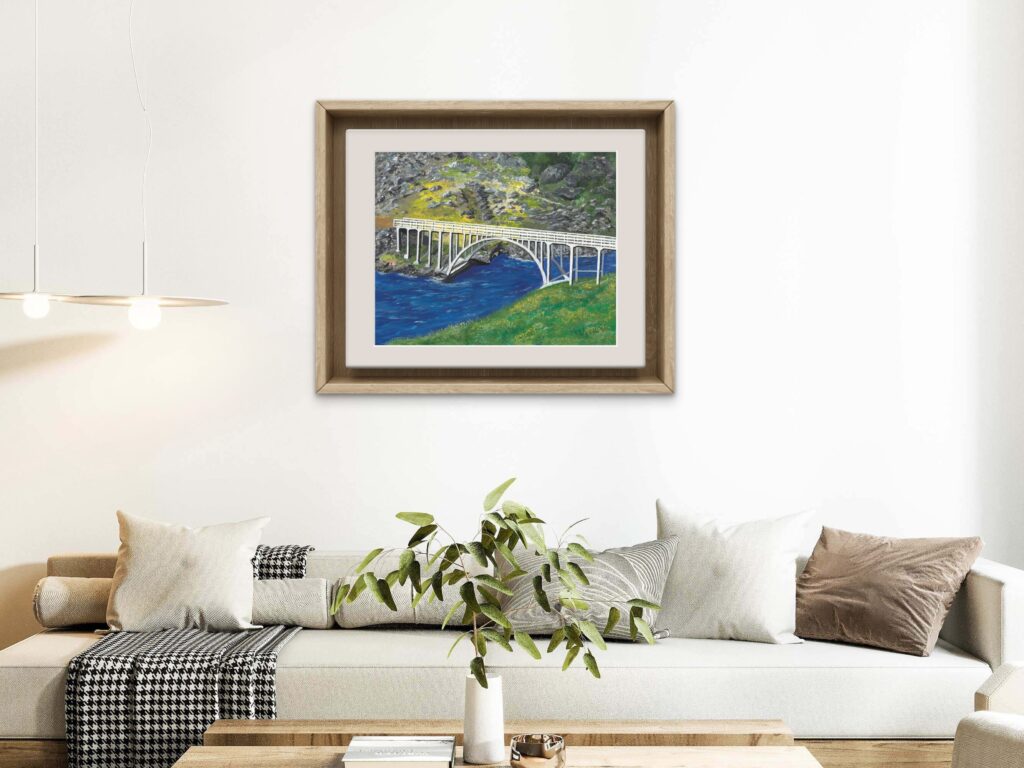 Print of an original acrylic painting of a historic bridge spanning the water between two Newfoundland islands, preserving a cherished piece of the province's coastal heritage.