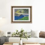 Print of an original acrylic painting of a historic bridge spanning the water between two Newfoundland islands, preserving a cherished piece of the province's coastal heritage.