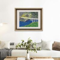 Print of an original acrylic painting of a historic bridge spanning the water between two Newfoundland islands, preserving a cherished piece of the province's coastal heritage.
