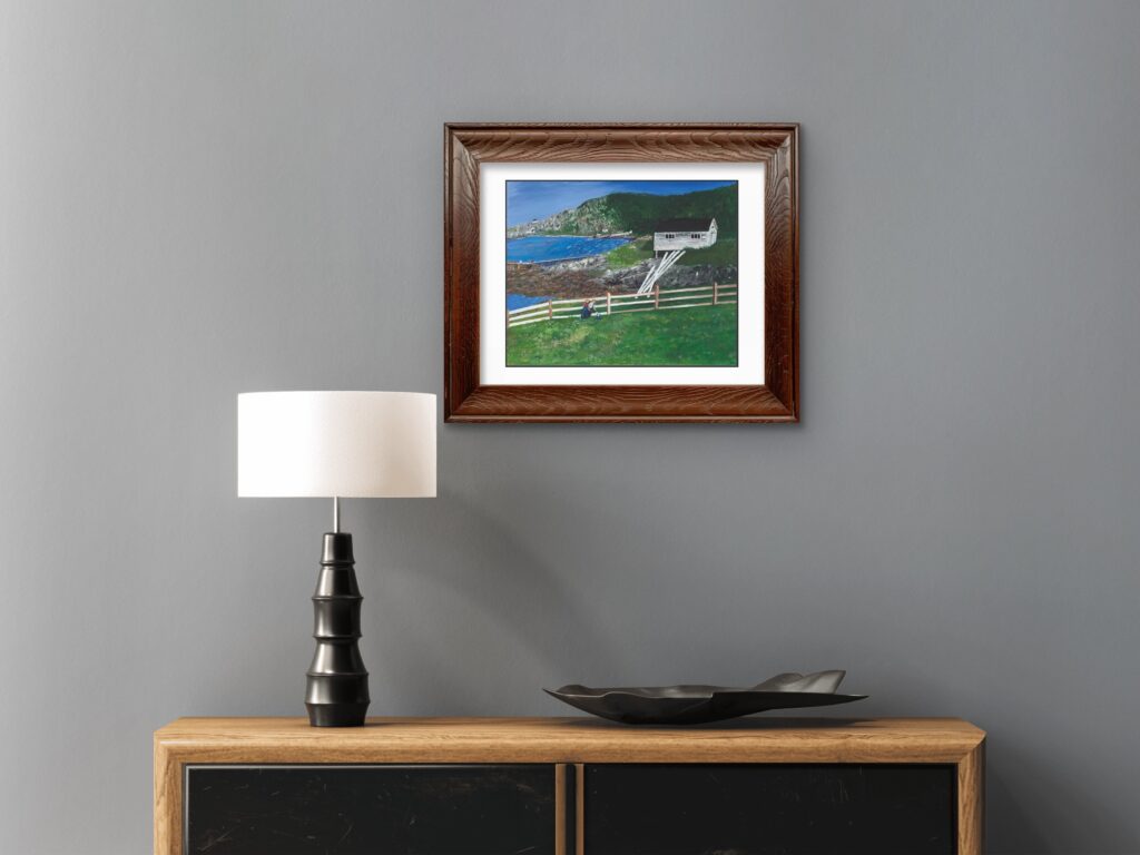 Print of an original acrylic painting of a peaceful rural Newfoundland scene with traditional homes and countryside, celebrating the heritage of the Exploits region.