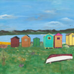 Original acrylic painting of colourful fishing sheds lining a Newfoundland shoreline beneath a bright blue sky, celebrating the province's coastal heritage.