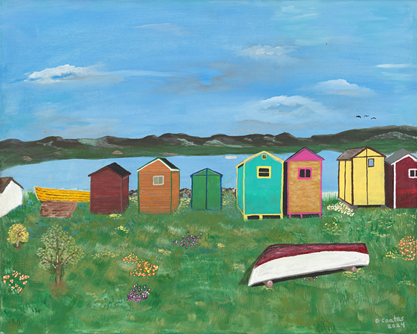 Original acrylic painting of colourful fishing sheds lining a Newfoundland shoreline beneath a bright blue sky, celebrating the province's coastal heritage.