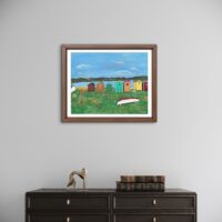Print of an original acrylic painting of colourful fishing sheds lining a Newfoundland shoreline beneath a bright blue sky, celebrating the province's coastal heritage.