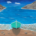 Original acrylic painting of a weathered fishing boat resting on a rocky Newfoundland shoreline beneath a bright blue sky, celebrating the province's coastal heritage.