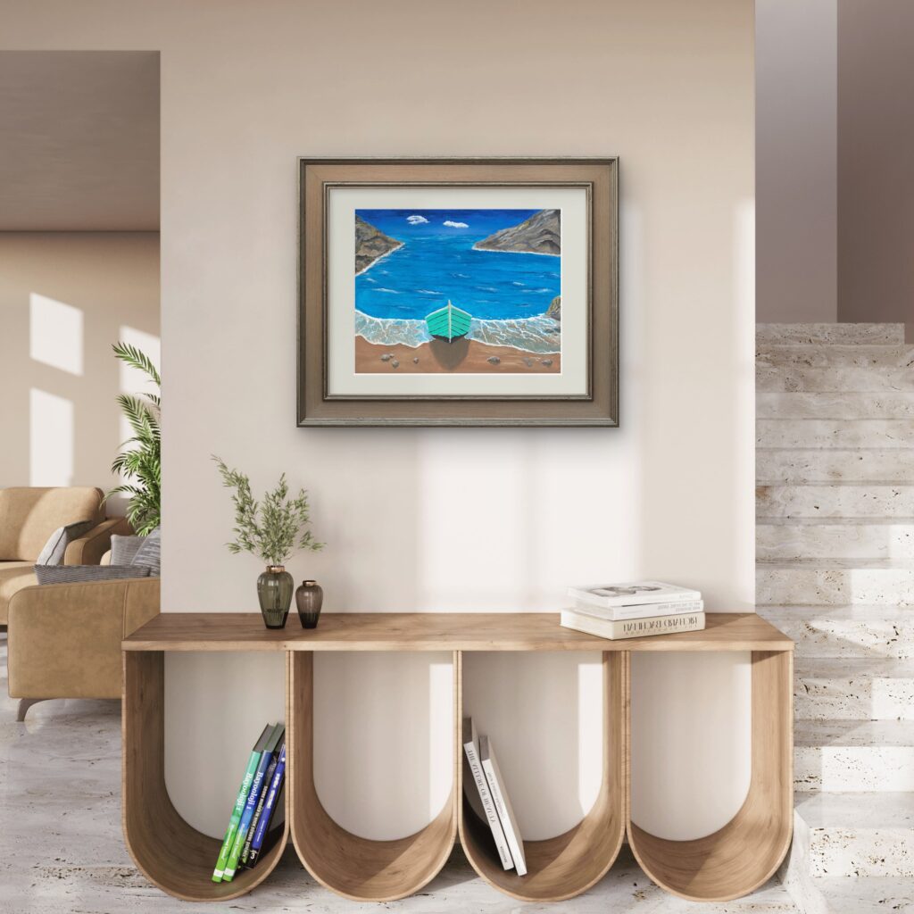 Print of an original acrylic painting of a weathered fishing boat resting on a rocky Newfoundland shoreline beneath a bright blue sky, celebrating the province's coastal heritage.