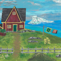 Original acrylic painting of a red Newfoundland home overlooking the ocean with a majestic iceberg drifting offshore beneath a bright blue sky.